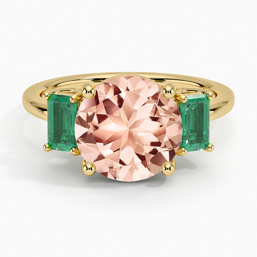 Morganite Luxe Rhiannon Three Stone Lab Emerald Ring in 14K Yellow Gold