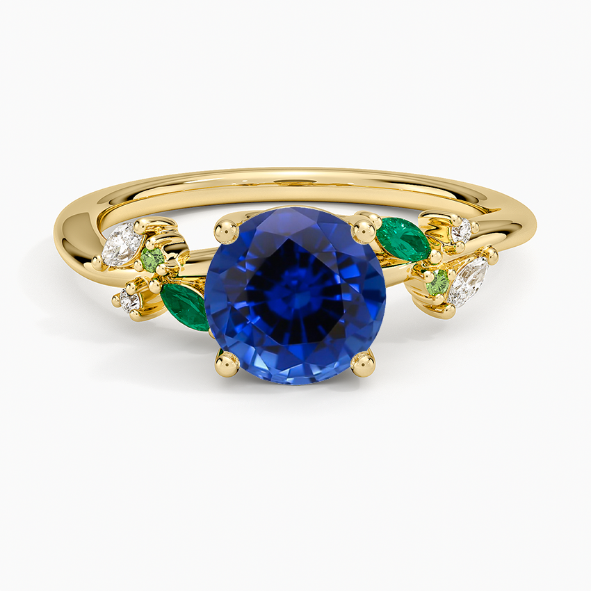 Sapphire Arden Diamond Ring with Lab Emerald Accents in 18K Yellow Gold