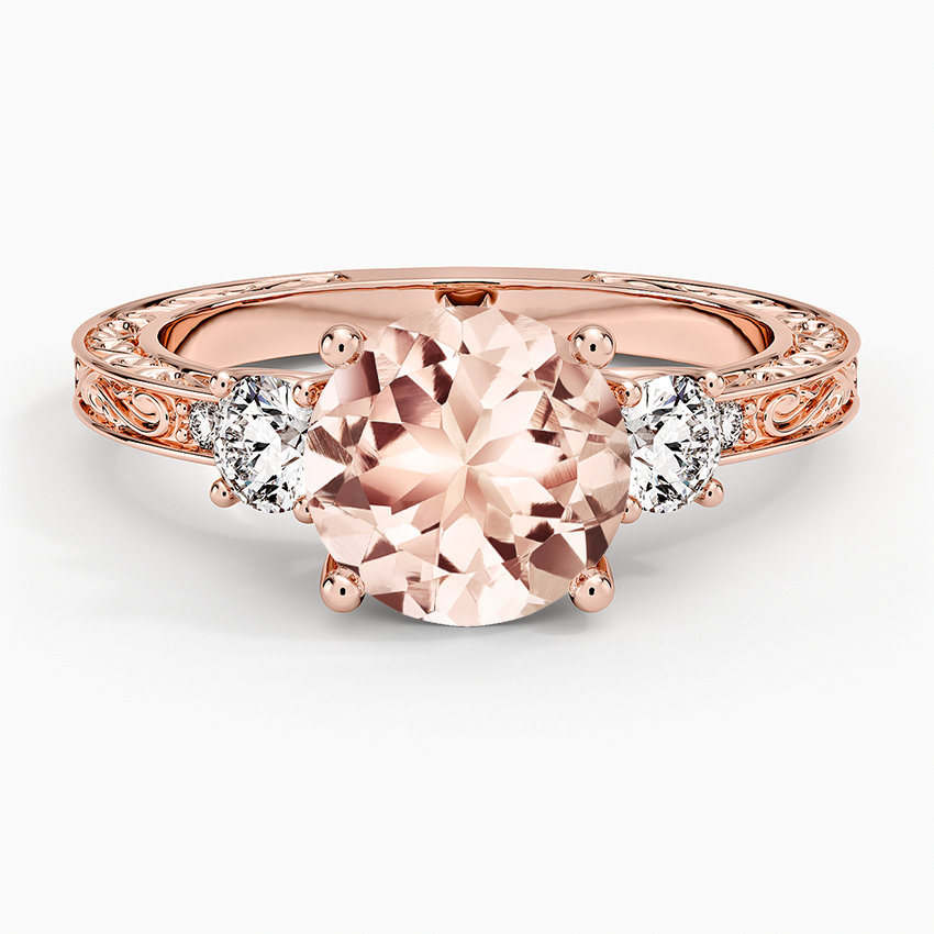 Morganite Antique Scroll Engraved Three Stone Diamond Ring (1/3 ct. tw.) in 14K Rose Gold