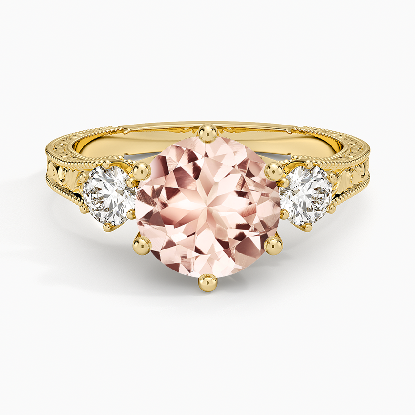 Morganite Hudson Engraved Three Stone Diamond Ring (1/3 ct. tw.) in 14K Yellow Gold