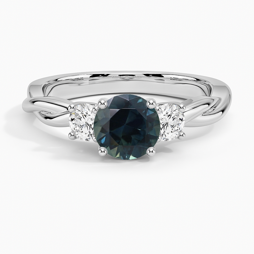 Sapphire Twisted Vine Three Stone Diamond Ring in 18K White Gold