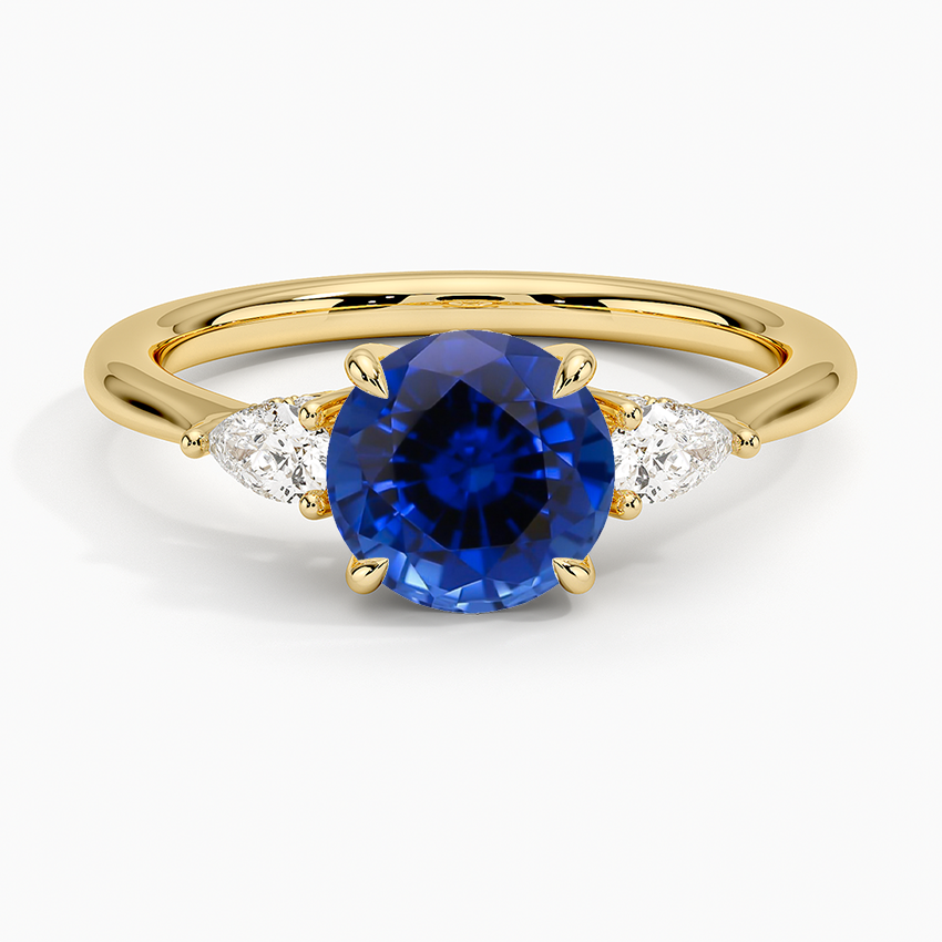 Sapphire Adorned Petite Opera Three Stone Diamond Ring in 18K Yellow Gold