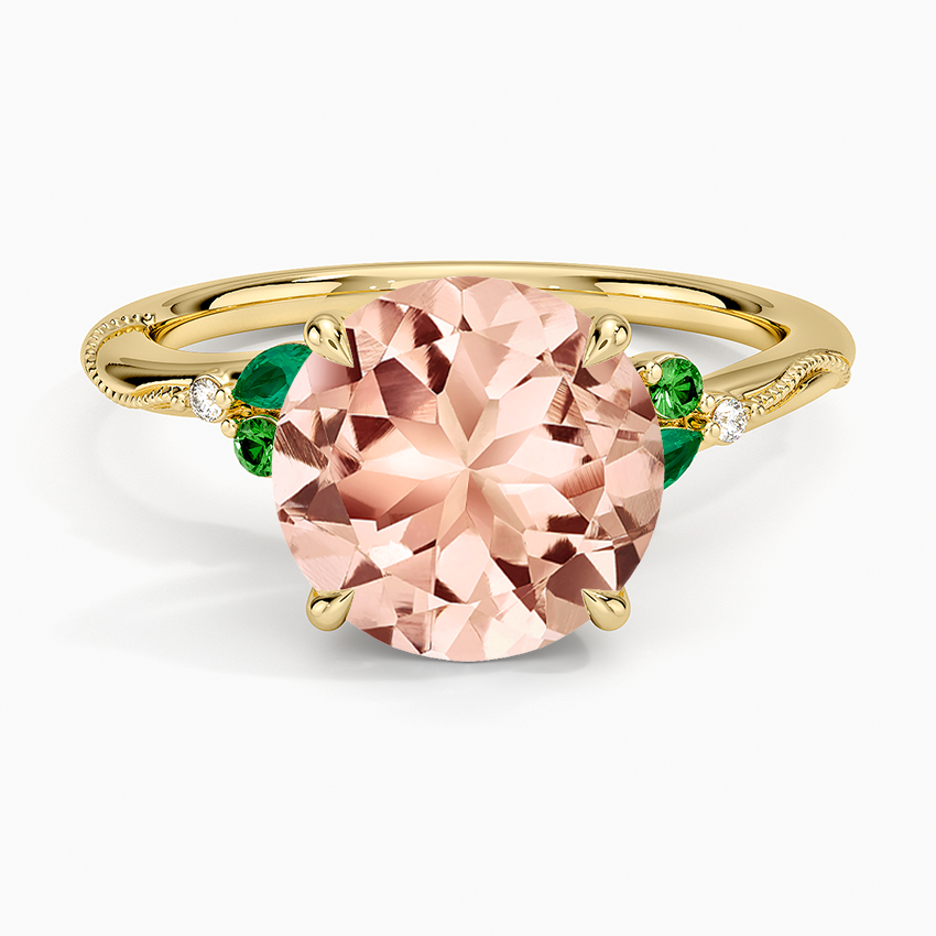 Morganite Camellia Milgrain Green Gemstone and Diamond Ring in 14K Yellow Gold