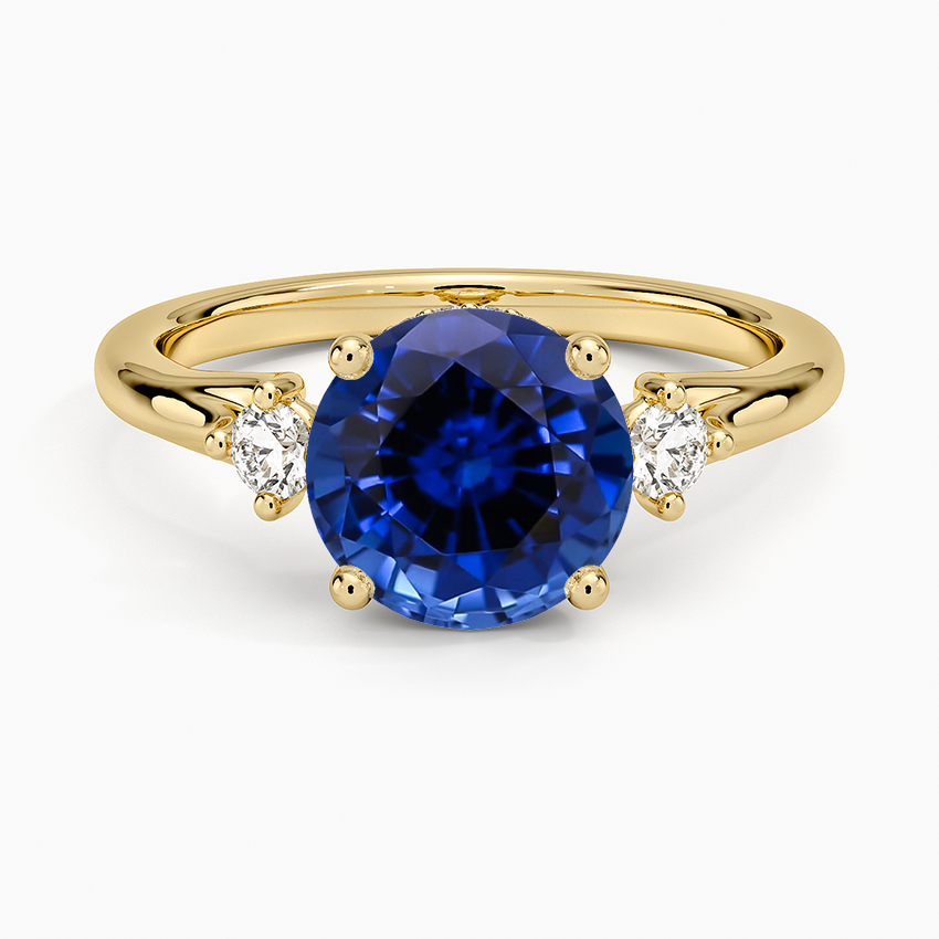 Lab Grown Sapphire Floating Three Stone Diamond Ring in 18K Yellow Gold