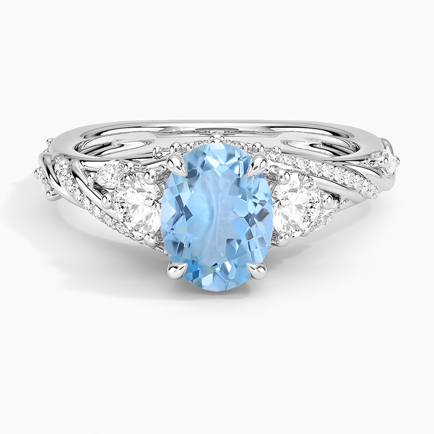 Aquamarine Begonia Vine Three Stone Diamond Ring (2/3 Ct. Tw.) in 18K White Gold