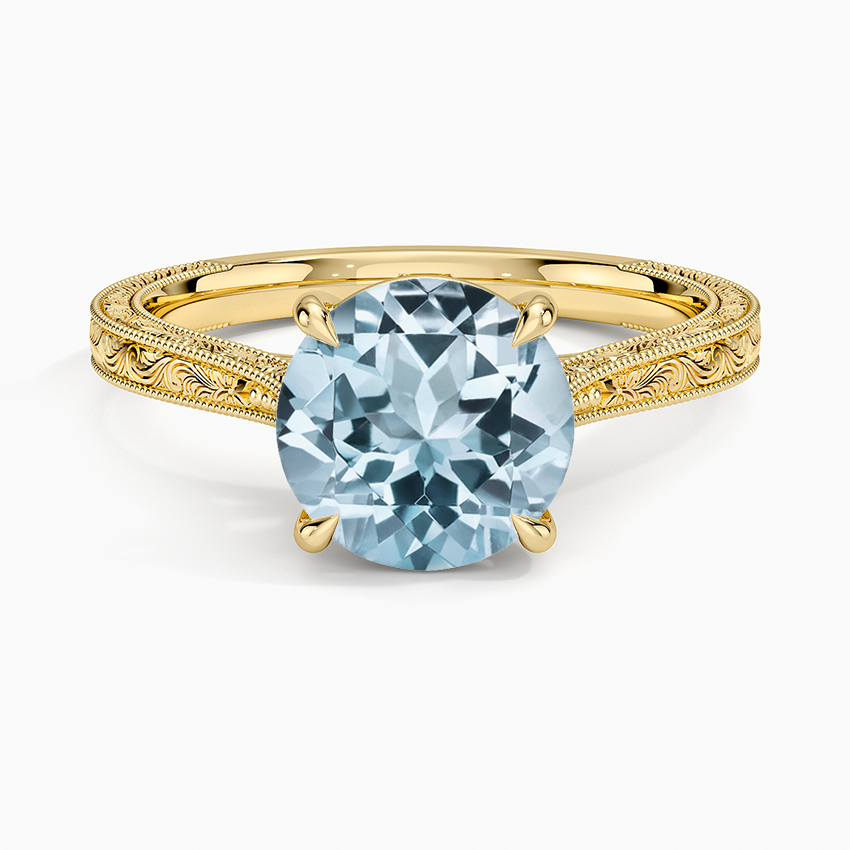 Aquamarine Elsie Engraved Ring in 18K Yellow Gold