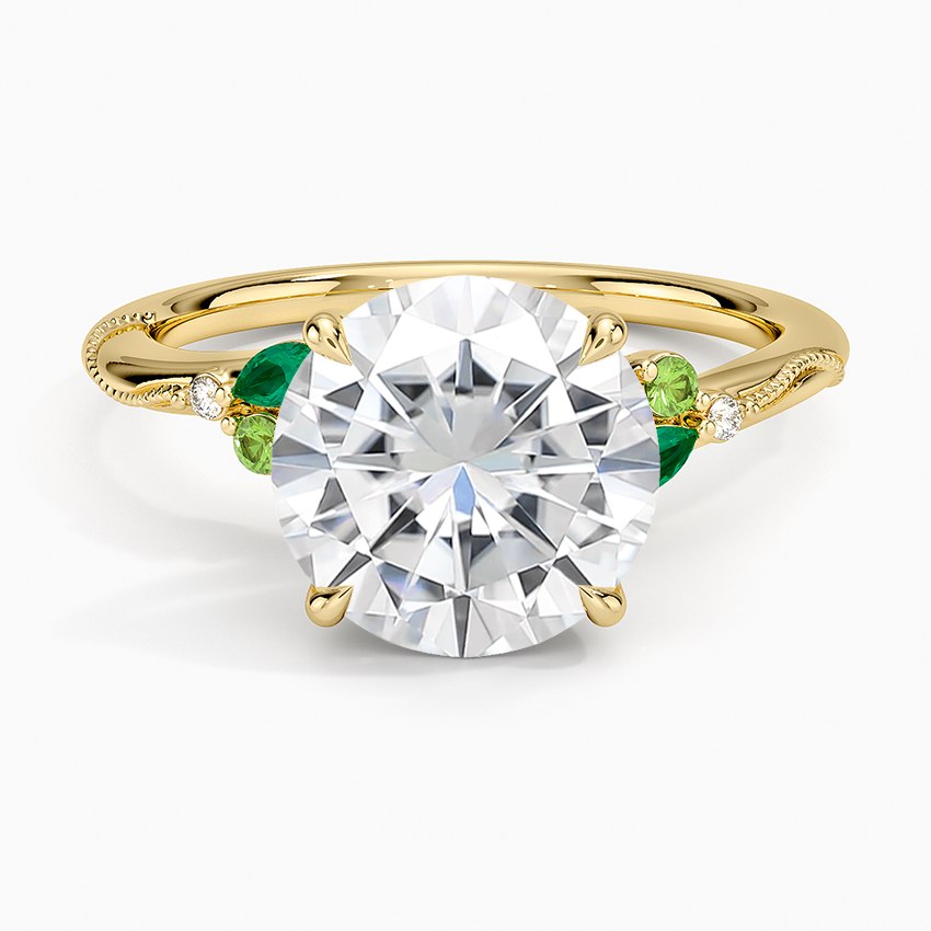 Moissanite Camellia Milgrain Green Gemstone and Diamond Ring in 14K Yellow Gold