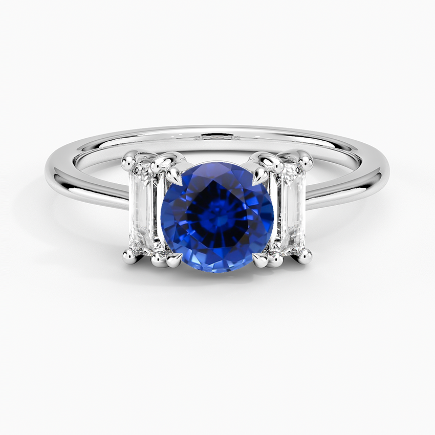 Sapphire Vertical Baguette Three Stone Diamond Ring in 18K White Gold