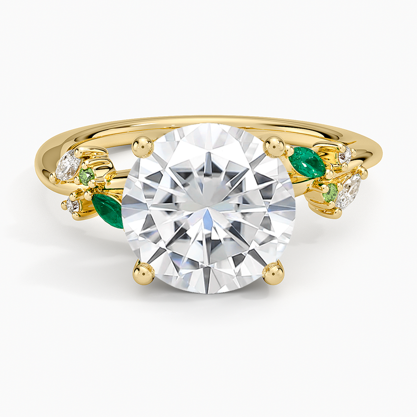 Moissanite Arden Diamond Ring with Lab Emerald Accents in 14K Yellow Gold