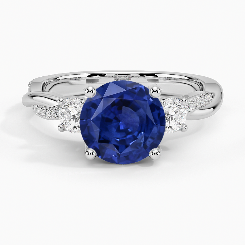 Sapphire Adorned Petite Twisted Vine Three Stone Diamond Ring in 14K White Gold