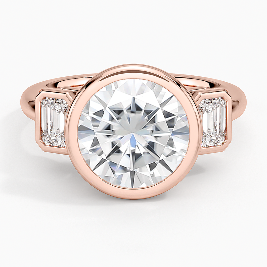 Moissanite Rhiannon Bezel Three Stone Diamond Ring in 14K Rose Gold