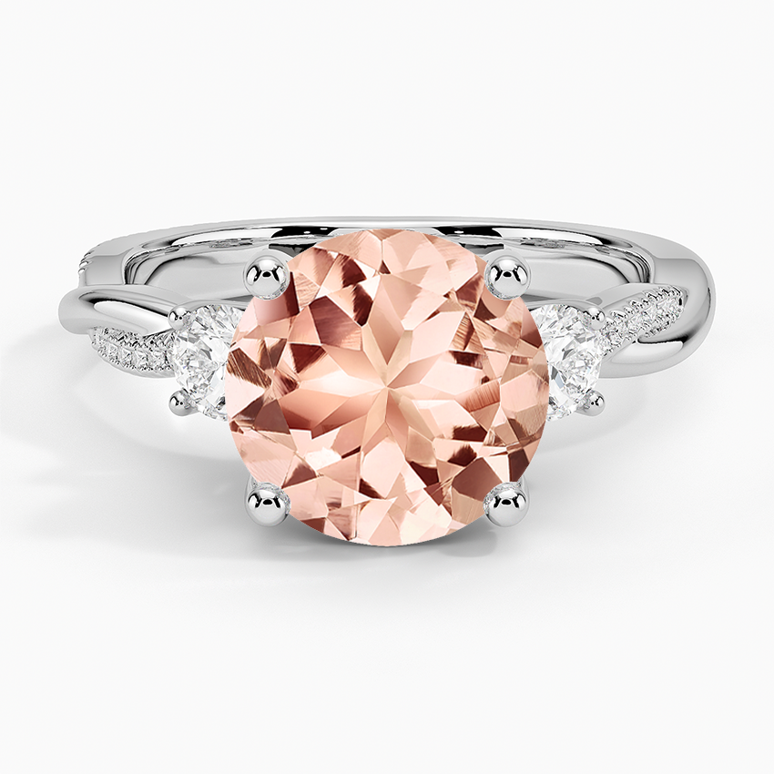 Morganite Adorned Petite Twisted Vine Three Stone Diamond Ring in 14K White Gold