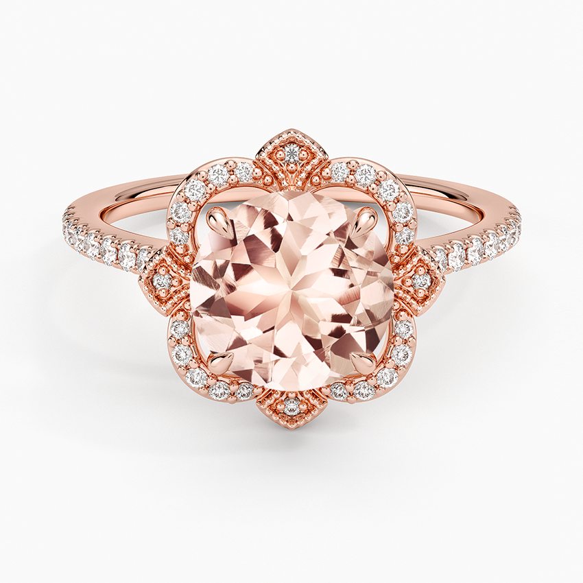Morganite Reina Halo Diamond Ring in 14K Rose Gold