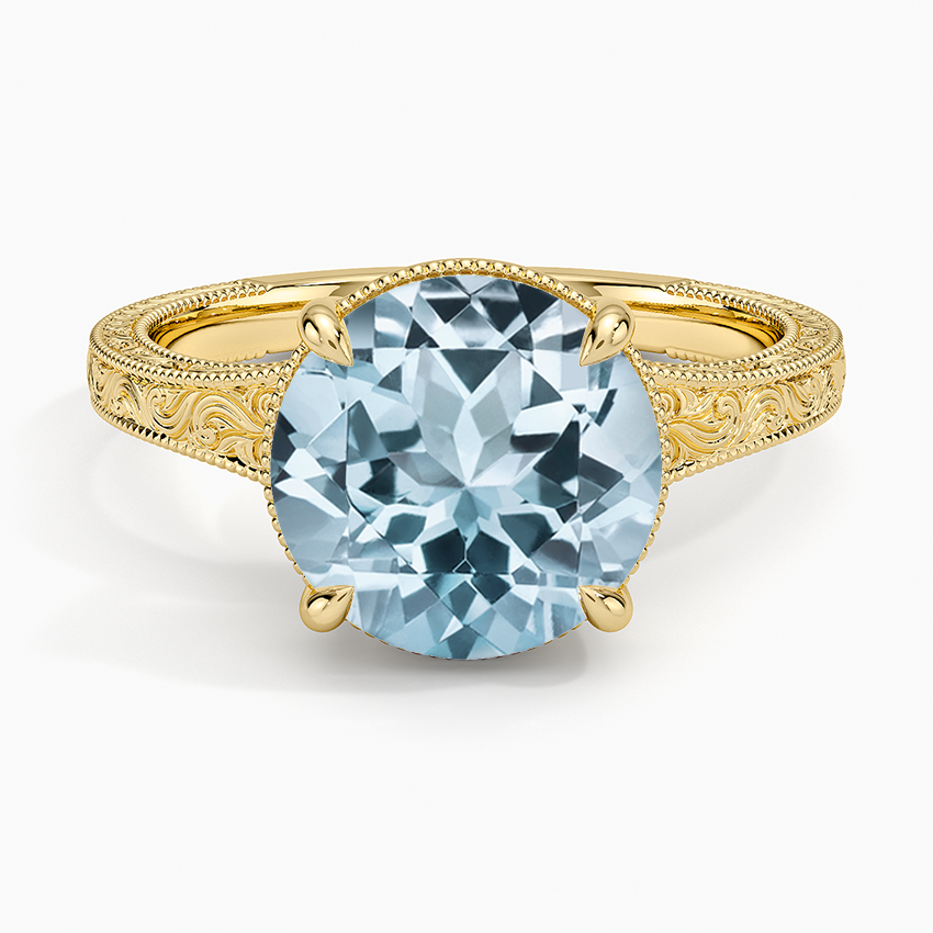 Aquamarine Tapered Elsie Engraved Solitaire Ring in 14K Yellow Gold
