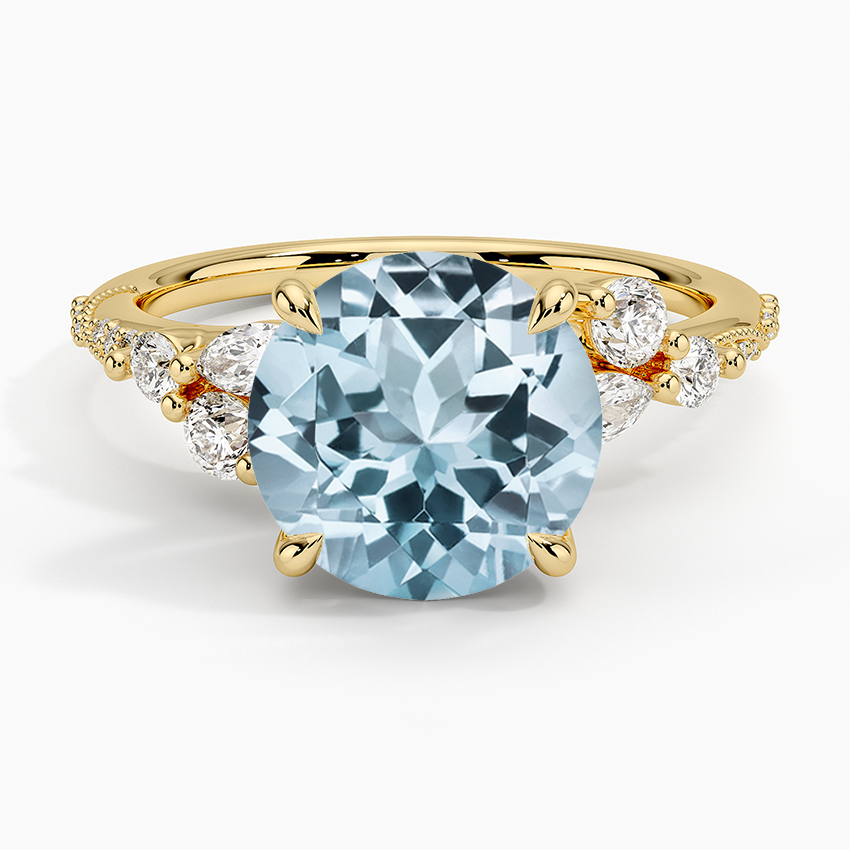 Aquamarine Luxe Camellia Milgrain Diamond Ring in 18K Yellow Gold
