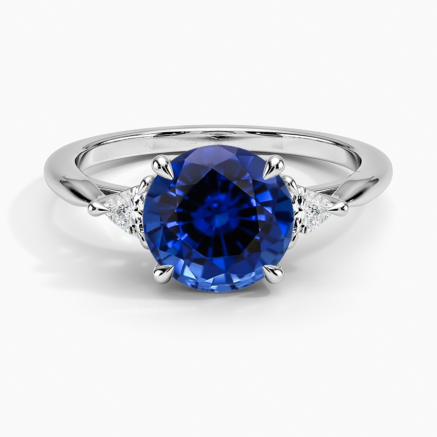 Lab Grown Sapphire Trillion Cut Three Stone Diamond Ring in 18K White Gold