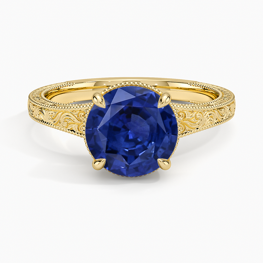 Sapphire Tapered Elsie Engraved Solitaire Ring in 14K Yellow Gold