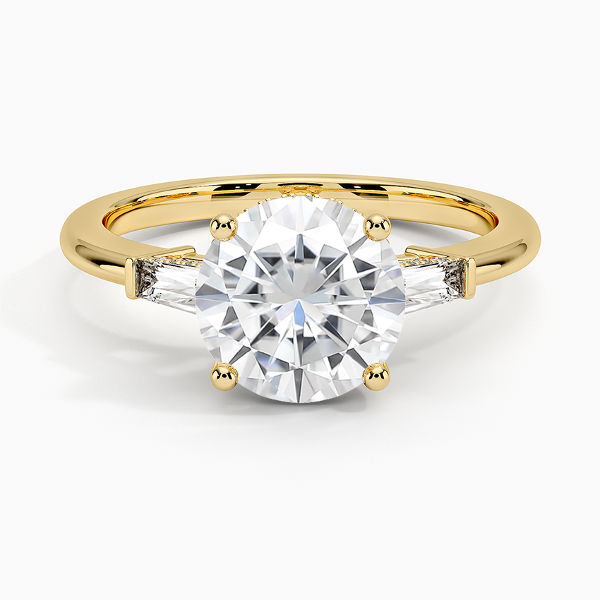 Moissanite Adorned Tapered Baguette Three Stone Diamond Ring in 18K Yellow Gold