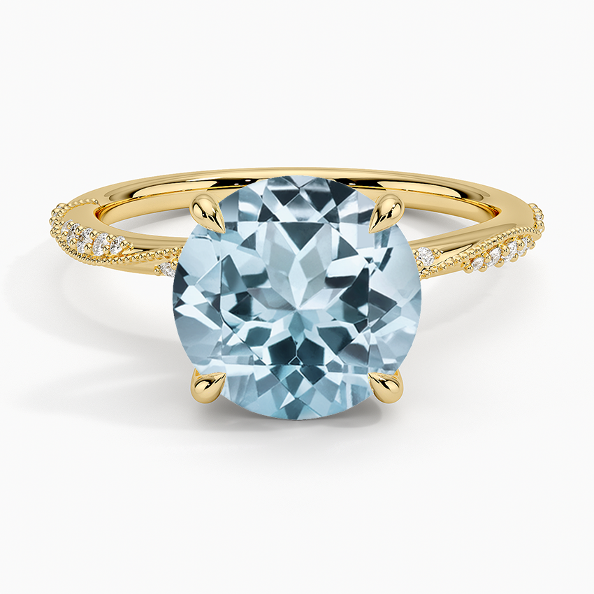 Aquamarine Camellia Hidden Accent 1.5mm Diamond Ring in 18K Yellow Gold