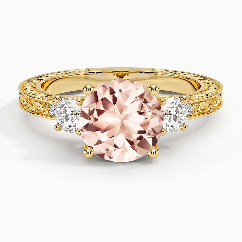 Morganite Antique Scroll Engraved Three Stone Diamond Ring (1/3 ct. tw.) in 14K Yellow Gold