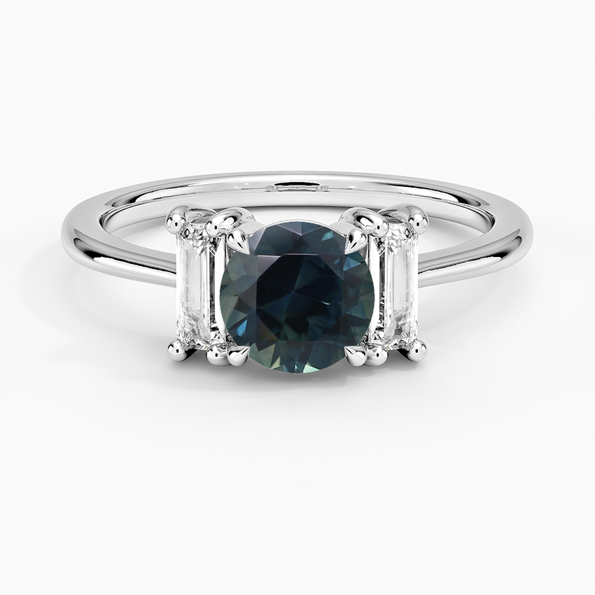 Sapphire Vertical Baguette Three Stone Diamond Ring in 18K White Gold