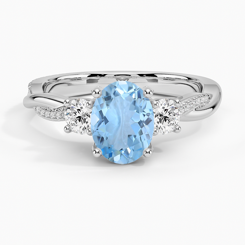 Aquamarine Adorned Petite Twisted Vine Three Stone Diamond Ring in 18K White Gold