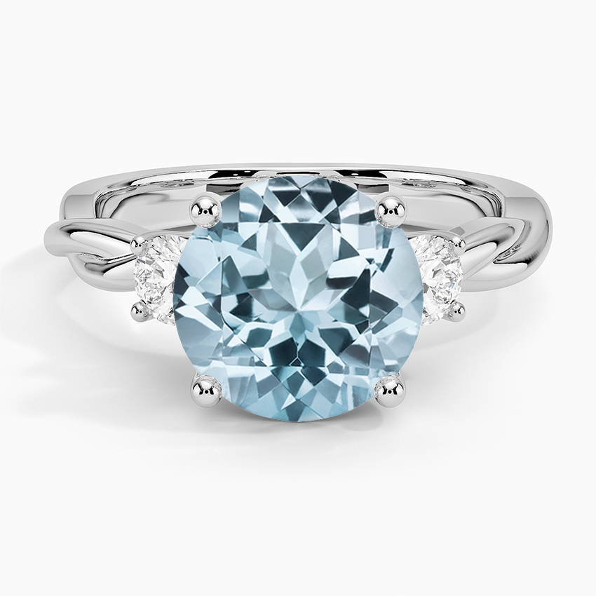 Aquamarine Twisted Vine Three Stone Diamond Ring in 18K White Gold
