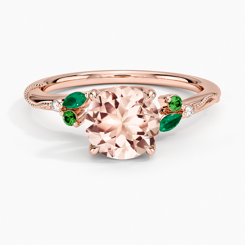 Morganite Camellia Milgrain Green Gemstone and Diamond Ring in 14K Rose Gold