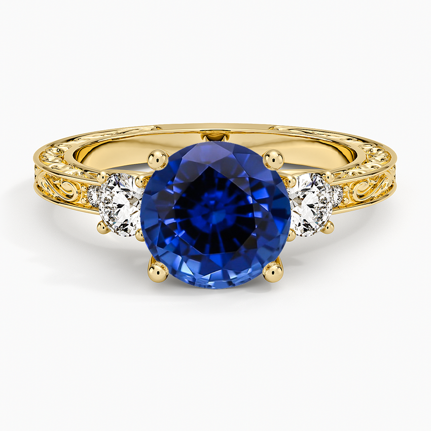 Lab Grown Sapphire Antique Scroll Engraved Three Stone Diamond Ring (1/3 ct. tw.) in 14K Yellow Gold