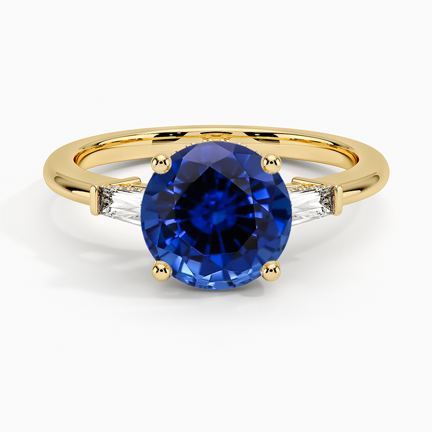 Lab Grown Sapphire Adorned Tapered Baguette Three Stone Diamond Ring in 18K Yellow Gold