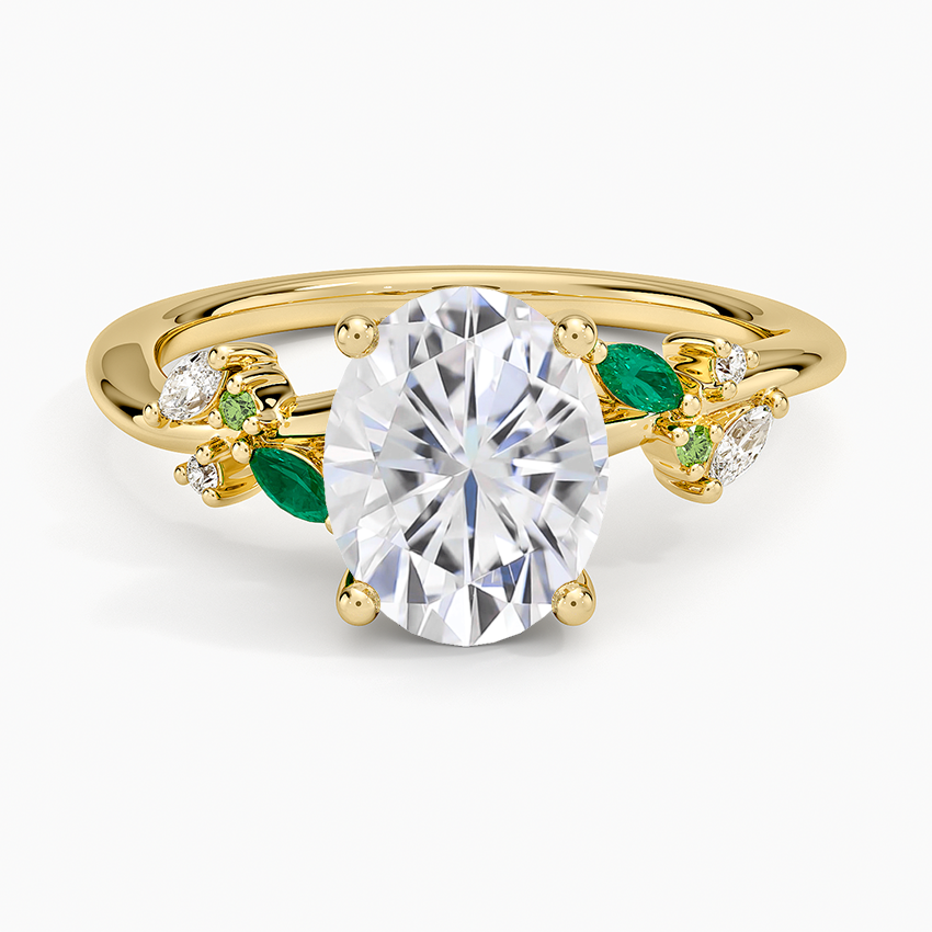 Moissanite Arden Diamond Ring with Lab Emerald Accents in 18K Yellow Gold