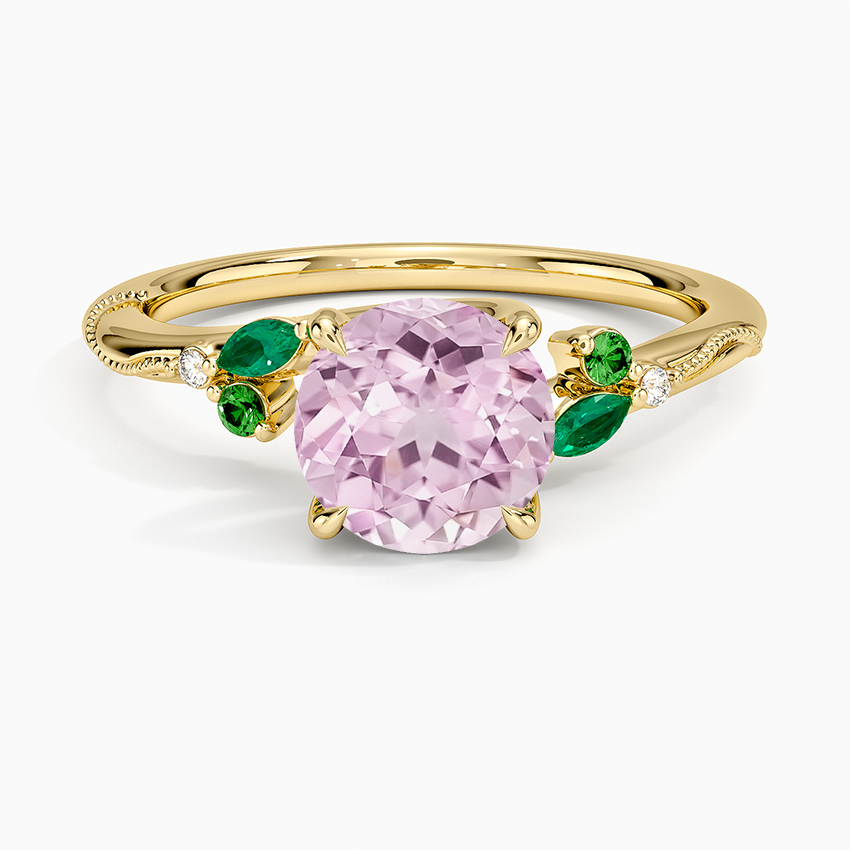 Lab Grown Sapphire Camellia Milgrain Green Gemstone and Diamond Ring in 14K Yellow Gold