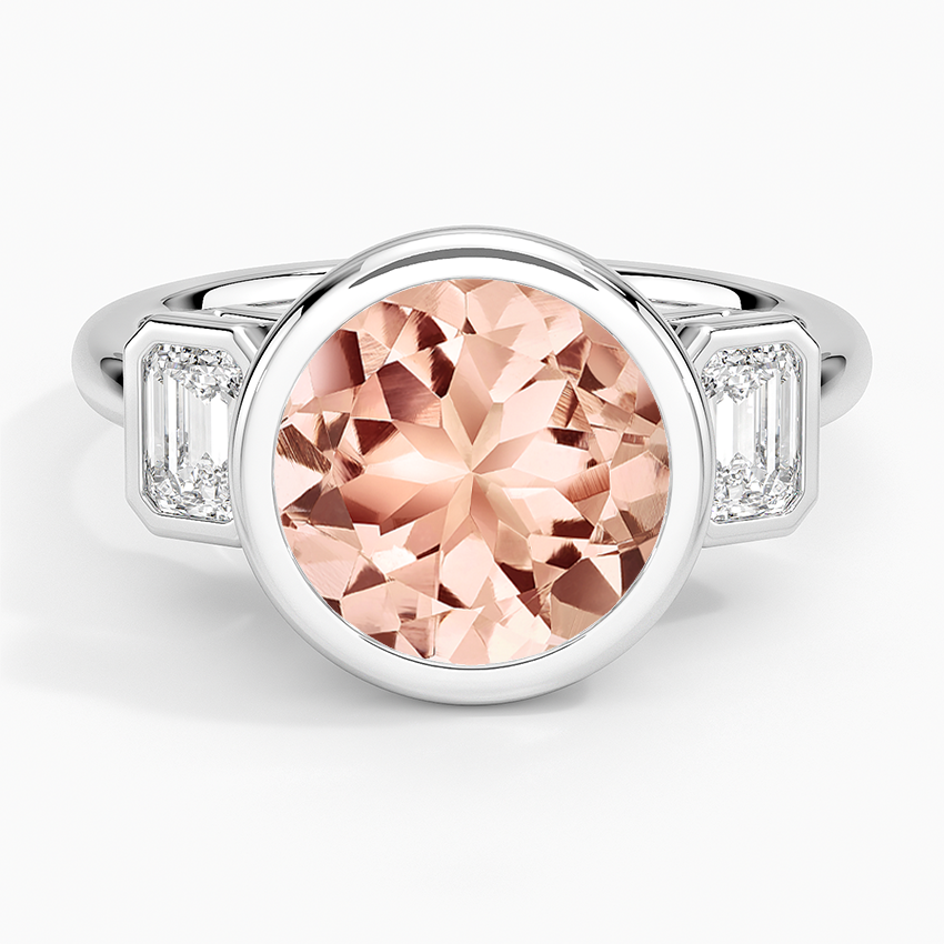 Morganite Rhiannon Bezel Three Stone Diamond Ring in 14K White Gold