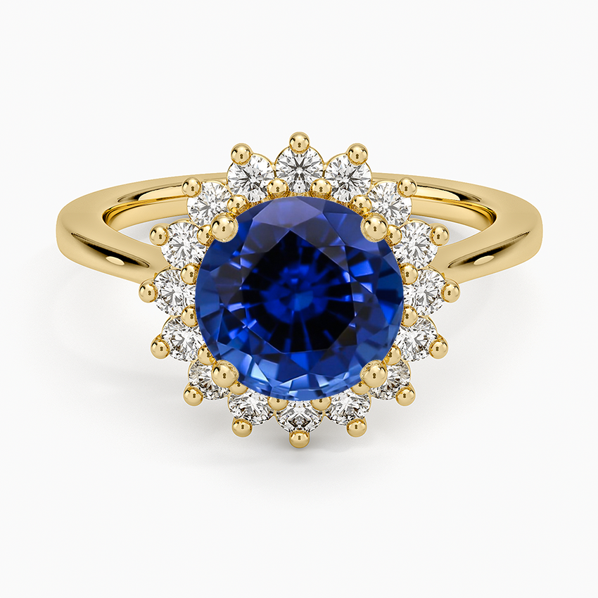 Lab Grown Sapphire Sunburst Halo Diamond Ring (1/4 ct. tw.) in 14K Yellow Gold