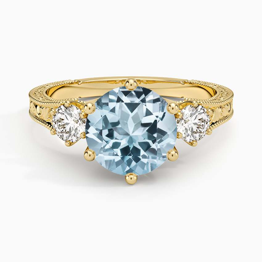 Aquamarine Hudson Engraved Three Stone Diamond Ring (1/3 ct. tw.) in 14K Yellow Gold