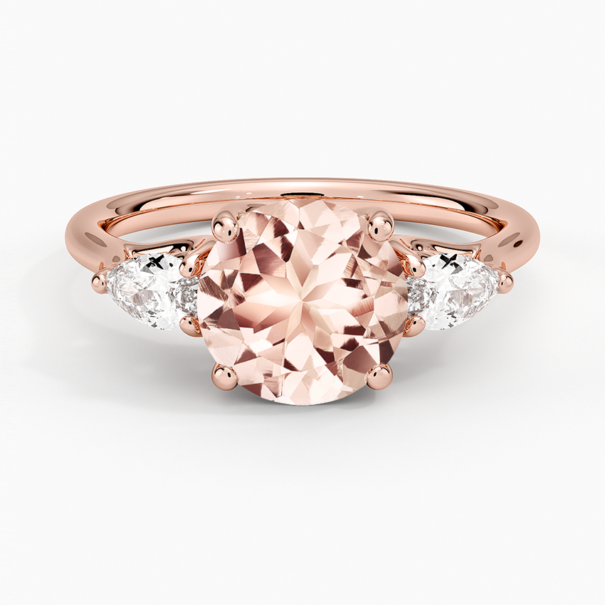Morganite Trellis Three Stone Pear Diamond Ring in 14K Rose Gold