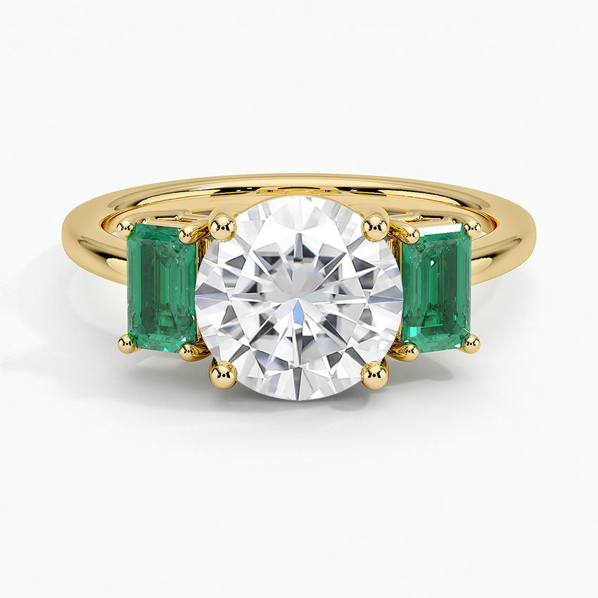 Moissanite Luxe Rhiannon Three Stone Lab Emerald Ring in 18K Yellow Gold