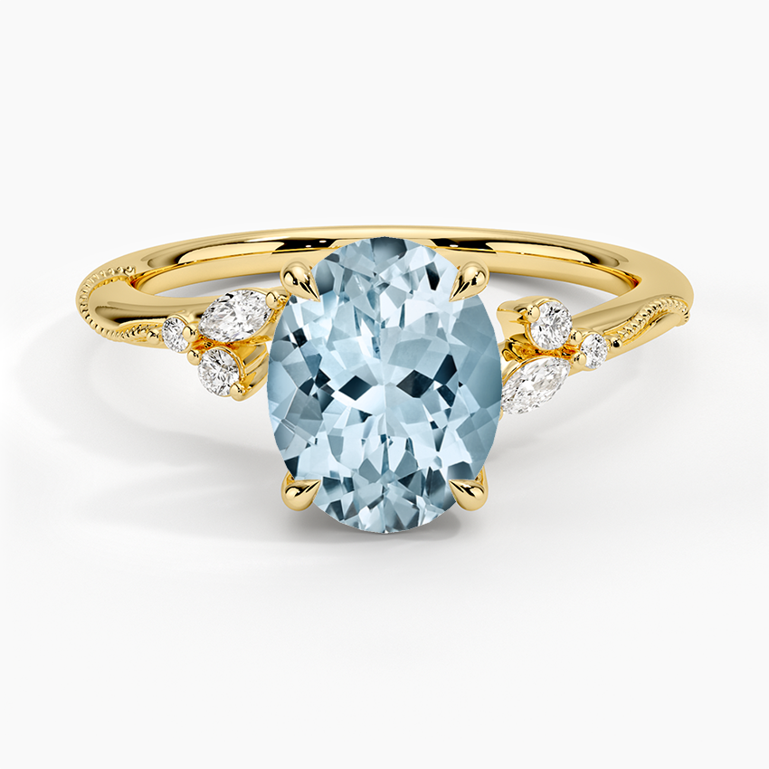 Aquamarine Camellia Milgrain Diamond Ring in 18K Yellow Gold