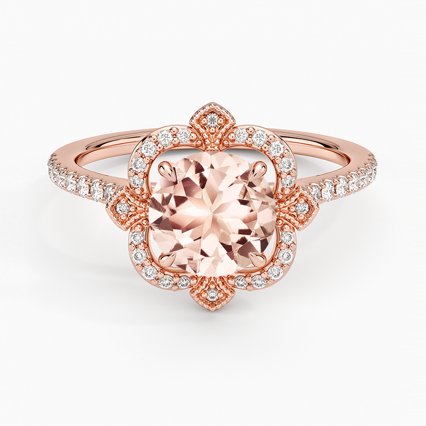 Morganite Reina Halo Diamond Ring in 14K Rose Gold