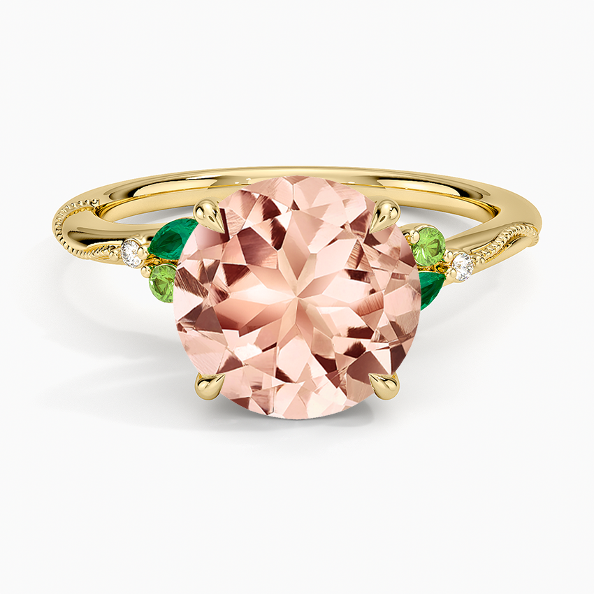 Morganite Camellia Milgrain Green Gemstone and Diamond Ring in 14K Yellow Gold