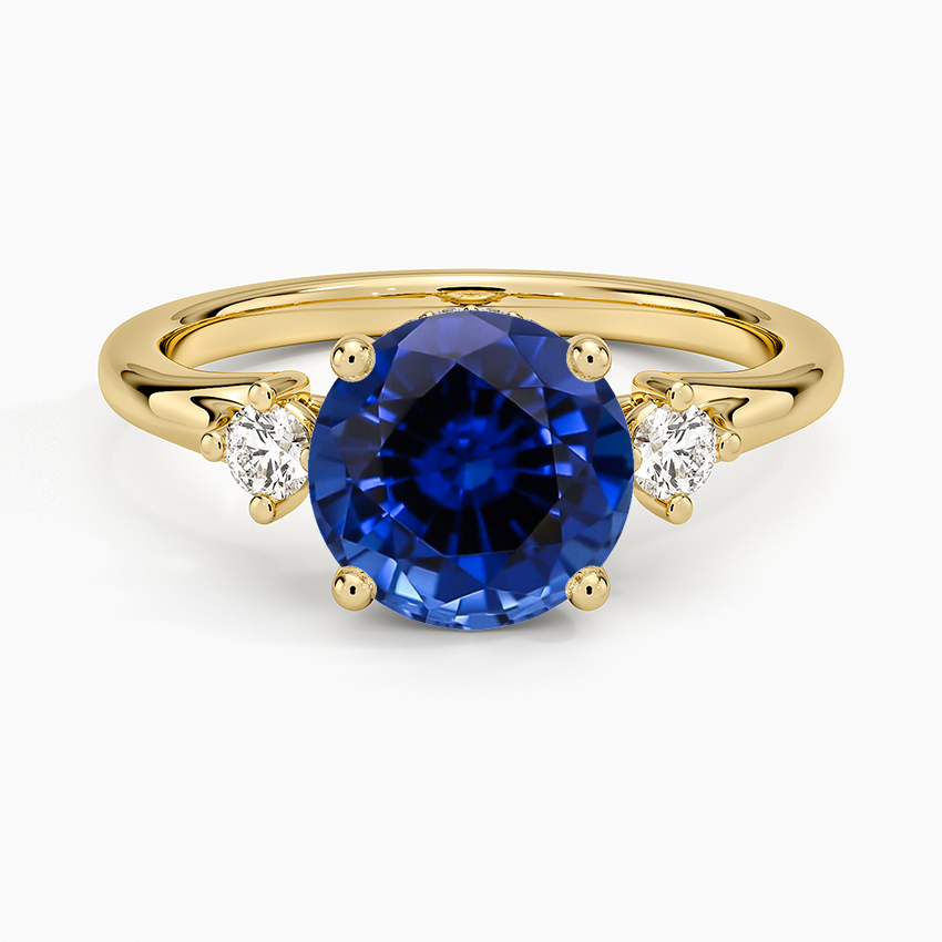 Lab Grown Sapphire Floating Three Stone Diamond Ring in 14K Yellow Gold