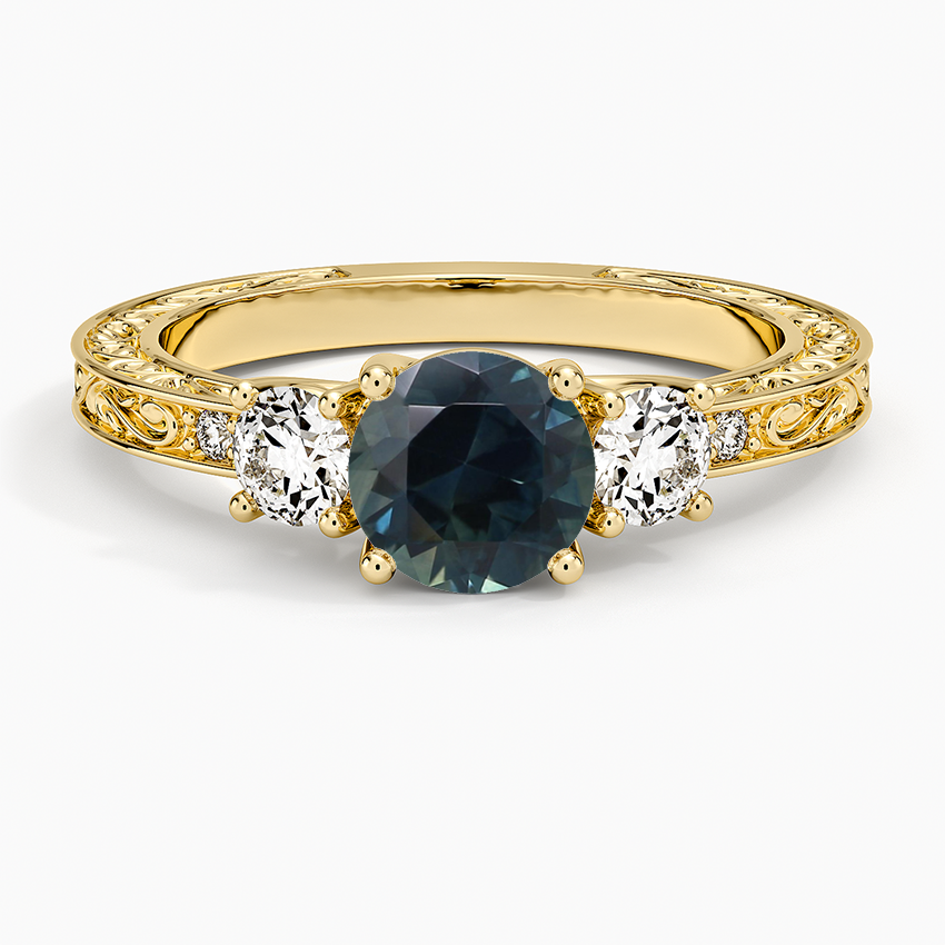 Sapphire Antique Scroll Engraved Three Stone Diamond Ring (1/3 ct. tw.) in 14K Yellow Gold