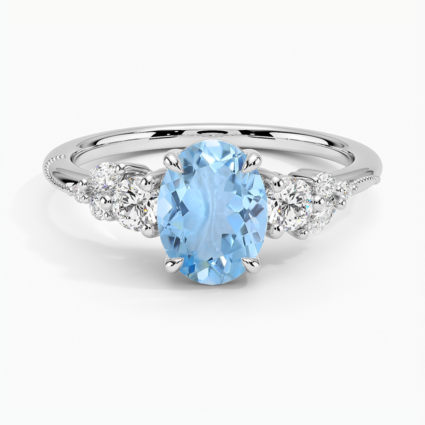 Aquamarine Camelia Three Stone Diamond Ring (1/3 Ct. Tw.) in 18K White Gold