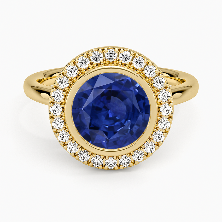 Sapphire Bezel Halo Diamond Ring (1/4 ct. tw.) in 14K Yellow Gold