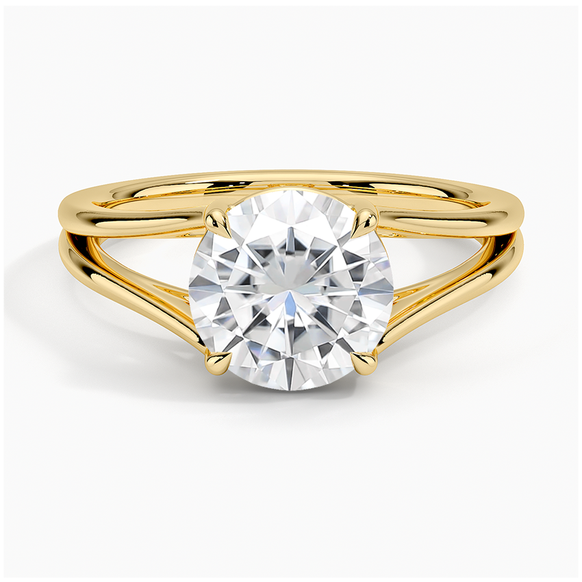 Moissanite Tressa Split Shank Solitaire Ring in 18K Yellow Gold