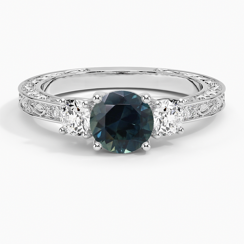 Sapphire Antique Scroll Engraved Three Stone Diamond Ring (1/3 ct. tw.) in 18K White Gold