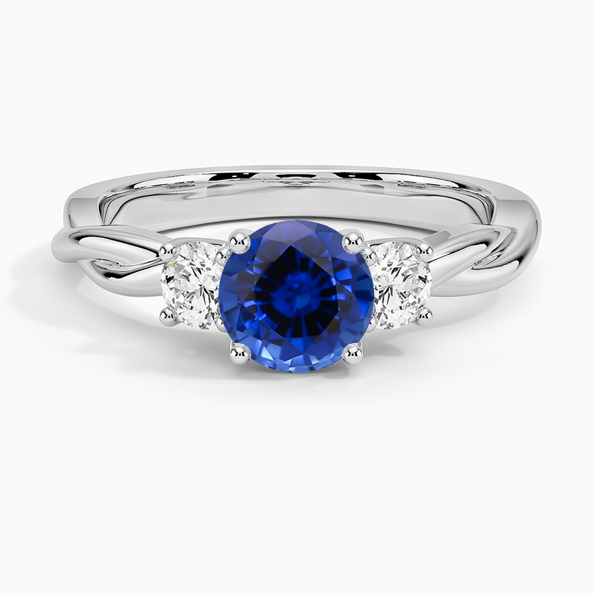 Sapphire Twisted Vine Three Stone Diamond Ring in 18K White Gold