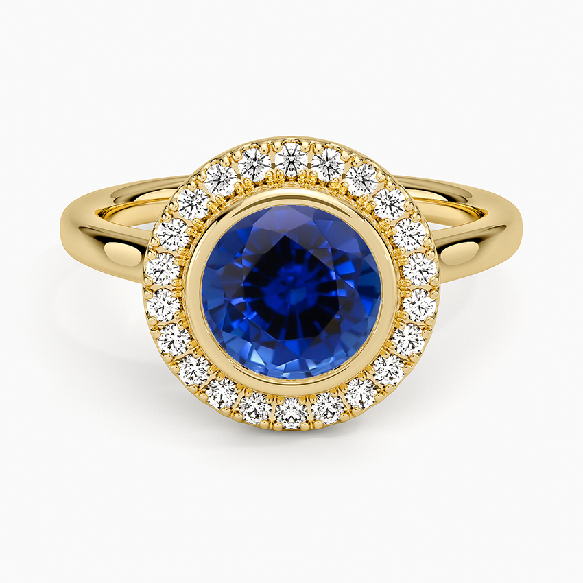 Sapphire Bezel Halo Diamond Ring (1/4 ct. tw.) in 18K Yellow Gold