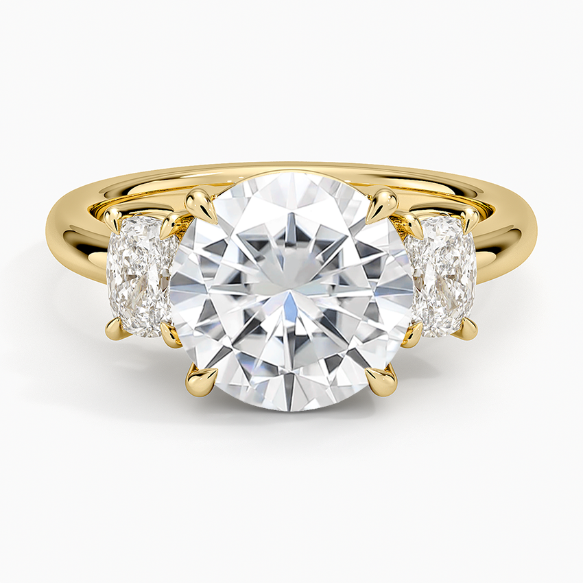 Moissanite Faye Elongated Cushion Three Stone Diamond Ring in 14K Yellow Gold