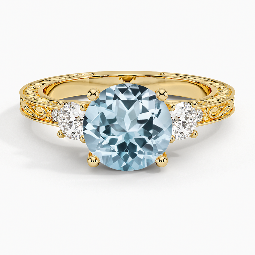 Aquamarine Antique Scroll Engraved Three Stone Diamond Ring (1/3 ct. tw.) in 14K Yellow Gold
